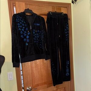 BCBG Black Velour Tracksuit with Blue Leopard Print